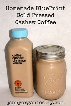 two mason jars with coffee and cinnamon flavor on the side, one is labeled homemade blueprint cold pressed cashew coffee