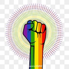 a rainbow colored fist with rays coming out of it, on a white background png