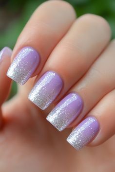 Lavender nails with a silver sparkle gradient – perfect for winter nails inspo! The subtle lavender base paired with a glittery silver gradient gives a soft, elegant look that's perfect for any occasion this winter. Save this pin for your next salon visit and visit nailhow.com for more design ideas! 💅✨ Purple Nails Glitter Sparkle, Light Purple Nails With Glitter, Lavender Sparkle Nails, Light Purple Nail Ideas, Glittery Purple Nails, Purple Winter Nails, Tinkerbell Nails, Cute Layers, Light Purple Nails