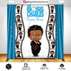 the boss charles turns three movie poster is displayed in front of a blue curtain and wooden floor