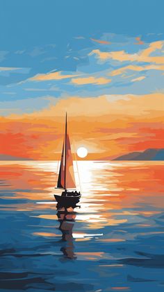 a painting of a sailboat in the ocean at sunset