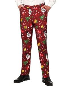 This red Christmas suit has a print with all festive things that are related to Christmas; from snowmen to trees and from candy canes to presents. It even has little lights in it which you can switch on and off, creating an ultimate festive and striking look. The slim fit outfit consists of a jacket, pants and a tie. The pants have an adjustable waistband for a perfect fit. | Suitmeister Men's Christmas Red Icons Light Up 2 Piece Suit + Tie, X-Large Fitted Holiday Bottoms, Fitted Bottoms For Christmas Holiday, Red Bottoms For Christmas Holiday, Festive Red Winter Bottoms, Red Festive Winter Bottoms, Red Festive Bottoms For Winter, Slim Fit Outfit, Red Icons, Christmas Suit