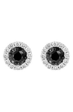 Black diamonds with a timeless halo add bold shine to stud earrings crafted from 14-karat-white gold. 0.19"W x 0.33"L Post back Total diamond weight: Color: H–I Clarity: I1–I2 14k-white gold/diamond Made in the USA Diamond Guide L Post, Halo Stud Earrings, Halo Earrings Studs, Diamond Guide, Black Diamonds, Earring Crafts, Diamond Halo, Halo Diamond, White Gold Diamonds