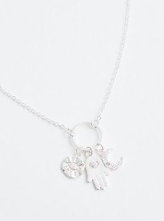 This necklace features a silver tone finish with celestial charms. Base metal. Imported. Circumference: Layer 1: 19”, Layer 2: 5”. The best plus size women's silver tone hamsa & celestial delicate necklace necklaces in silver. Silver Metal Necklace With Dangling Charms, Adjustable Symbolic Charm Necklaces, Symbolic Metal Charm Necklaces, Silver Symbolic Necklaces With Dangling Charms, Silver Bohemian Charm Necklaces With Dangling Charms, Silver Necklaces With Dangling Charms, Adjustable Sterling Silver Charm Necklace With Moon Charm, Silver Spiritual Moon Charm Necklace, Silver Dangle Charm Necklace With Moon Charm