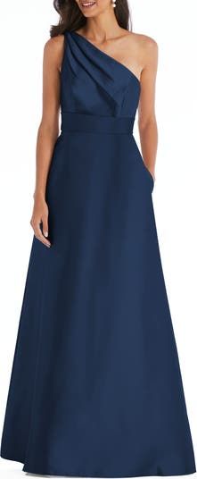 Raw Silk Mother Of The Bride Dress, Navy Blue Mother Of The Groom Dresses, Mother Of The Bride Blue Dresses, Mother Of The Bride Dresses Long Summer, Summer Mother Of The Bride Dresses Long, One Shoulder Dress Pattern, Mix Match Bridesmaid Dresses, One Shoulder Evening Gown, Cooper Wedding