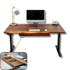 a wooden desk with a computer monitor and keyboard on it's stand up shelf