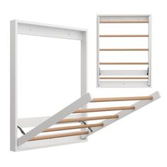 a white shelf with wooden slats on it