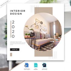 the interior design flyer is displayed in front of a couch and table with pictures on it