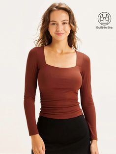 Stretch Square Neck Top With Built-in Bra, Fitted Ruched Yoga Tops, High Stretch Seamless Square Neck Top, Fitted Yoga Tops With Removable Bra Pads, Fitted Workout Tops With Removable Bra Pads, Fitted Solid Tops With Removable Bra Pads, Fall Stretch Top With Built-in Bra, Fitted Solid Top, Bra Friendly, Versatile Bra Friendly Top