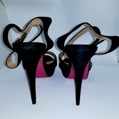 Very Sexy Black Suede Leather Ankle Wrap Stilettos. Paris Hilton Brand, With Beige And Pink Insole, And Deep Pink Bottoms. 5" Heels W/1" Platform In The Front. Perfect For The Holidays... Chic Open Heel Heels For The Club, Black High Heels With Red Sole, Black Ankle-high Heels For Club, Chic Black Ankle Strap Heels, High Heel Shoes For Going Out, Black Heels For Going Out, Black Platform Heels With Open Side Vamp, Chic Black Heels With Red Sole, Chic Ankle Strap Heels For Club