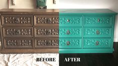 an old dresser has been painted green and is being refreshed with new paint