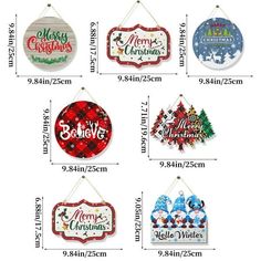 christmas signs hanging on a wall with measurements for each sign in the same size and color