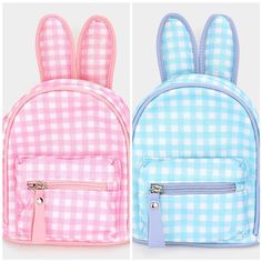 "Theme Animal Bag Size : 7\" X 11\" X 3\" Strap : Adjustable Zipper Closure Glittered Check Patterned Bunny Mini Backpack Ba" Stylish School Bags With Zipper Closure, Novelty School Bag With Zipper Closure, Bunny Backpack Pattern, Bunny Purse, Rabbit Purse Pattern, Cute School Bag With Bunny Design, Bunny Backpack Crochet, Pink Unicorn Print Backpack, Kids Purse