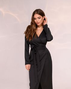 Fabric: Crepe diagonal Cotton 75%, Polyester 20%, Elastane 5% Long-sleeve dress Maxi length Wrap dress Collarless Color: White, Black, Red, Beige, Plum Surplice Dress, Inverted Triangle, Black Wrap, Full Length Dress, Dress Maxi, Black Wrap Dress, Black Dresses, Long Sleeve Maxi Dress, Black Maxi Dress