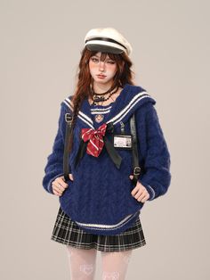 Set sail in style with our chic sailor collar sweater! This adorable piece showcases a classic sailor collar adorned with contrasting colored stripe patterns that extend to the hem and cuffs, adding a playful touch to the overall design. To complete the look, it comes with a matching bow tie that perfectly complements the sweater. Whether you're aiming for a cute and cozy look or want to channel some nautical vibes, this sweater is a versatile addition to your wardrobe.  Please note, the price i Sailor Inspired Fashion, Dark Nautical Outfits, Nautical Aesthetic Outfit, Nautical Aesthetic Fashion, Sailor Collar Pattern, Sailor Coat, Ocs Design, Cartoon Story, Sailor Outfit