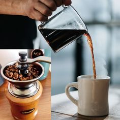 coffee being poured into a cup from a grinder, and then in a mug filled with coffee beans