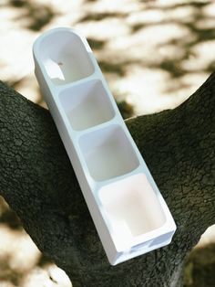 an empty plastic container sitting on top of a tree