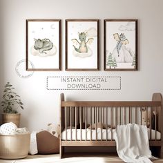 a baby's room with three pictures hanging on the wall