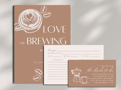 a brown and white postcard with the words love brewing written on it next to a coffee cup