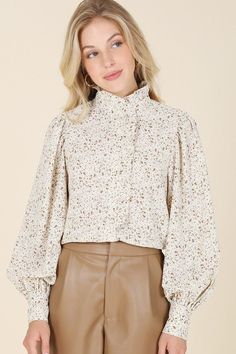 Stand collar floral frill blouse - Global Village Kailua Boutique Frill Blouse, Long Sleeve Floral Top, Girl Standing, Floral Print Blouses, Long Puff Sleeves, Leather Shorts, Beautiful Blouses, Romper Dress, Cardigan Tops