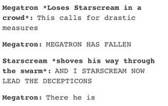 the text is written in black and white on a piece of paper that reads, megatron loses starscream in a crowd this calls for plastic measures