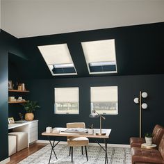 a living room filled with furniture and two windows covered in blind shades on the ceiling