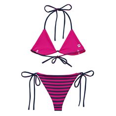 Indulge in the luxurious and classic style of our navy blue and medium violet red beach stripes string bikini. This sweet swimsuit set is not only comfortable, but it also offers double-layering and UPF 50+ protection. Customize the straps to your liking and get ready to turn heads at the beach! Made from soft recycled polyester, this bikini is both stylish and sustainable. • Soft and stretchy material with UPF 50+ • Sizes up to 6XL • Bikini top comes with removable padding for comfort • Multipl Striped Beachwear For Sunbathing, Swimwear With Contrast Stripes For Beach Season, Summer Swimwear With Contrast Stripes For Swimming, Summer Vacation Swimwear With Contrast Stripes, Adjustable Striped Swimwear For Poolside, Adjustable Striped Swimwear For Summer, Nautical Swimwear For Beach Season And Poolside, Nautical Swimwear For Poolside And Beach Season, Summer Contrast Stripes Swimwear For Pool