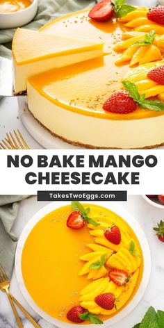 no bake mango cheesecake with fresh strawberries on top