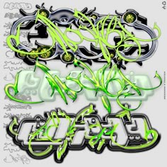 some type of graffiti art with green and black letters on white paper in the background