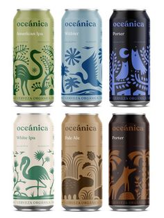 six different types of beer cans in various colors and designs, all with the same label