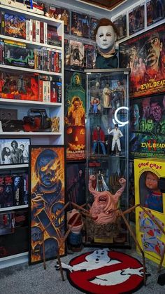 a room filled with lots of toys and movies on the walls, including bookshelves