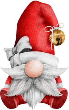 a watercolor painting of a santa clause with a bell on it's head