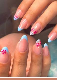 aesthetic nails, aesthetic summer nails, aesthetic colorful nails, summer nails 2023, trendy nails 2023, almond nails, cute almond nails, summer almond nails, floral nails, flower nails, blue nails, pink nails, pink flower nails, french tip nails, french tip summer nails, colorful french tip, blue french tip, french tip flower nails, vacation nails, tropical nails, accent nails, easy nails, gel nails, acrylic nails Gel Extension Nails Design Summer, Designed French Nails, Summer Nails Trendy Simple, Nail Inspired Flowers, Cute Nails Acrylic Taylor Swift, Nails Cancun Summer, Mail Designs For Vacation, Colorful French Tip Nail Designs, Pageant Guest Outfit