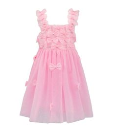 Description: Adorable and elegant tank dress featuring delightful 3D pink bows that add texture and charm, perfect for special occasions. Made from soft, glittery tulle fabric, this dress offers a magical, twirl-worthy design that your little one will love. The ruffled shoulder straps and bodice are adorned with 3D bow appliques, adding a whimsical touch to this already stunning dress. A must-have for any special wardrobe, bringing sparkle and sweetness to your little one's day. Material & Care: Spring Princess Tutu Dress With Bow, Spring Princess Style Tutu Dress With Bow, Tulle Tutu Dress With Bow For Dress-up, Sleeveless Tulle Tutu Dress With Bow, Spring Tulle Dress With Bow, Spring Tulle Dress With Bow Detail, Cute Spring Tutu Dress With Bow, Playful Ruffled Tutu Dress In Tulle, Playful Ruffled Tutu Dress