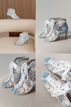 four different views of shoes with lace on them, one in blue and the other in white