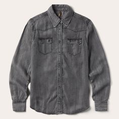 Washed Black Western Style Dark Wash Button-up Shirt, Relaxed Fit Denim Button-up Top With Snap Buttons, Washed Black Denim Button-up Top, Washed Blue Relaxed Fit Button-up Denim Top, Relaxed Fit Washed Blue Denim Button-up Top, Fitted Denim Shirt, Men’s Boots, Wide Trousers, Thigh Boot