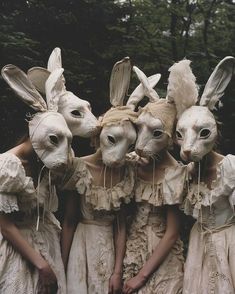 four people in bunny costumes standing next to each other with rabbits on their heads and noses