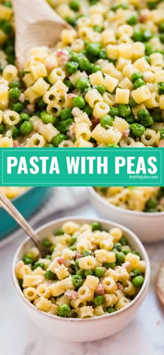 peas pasta with peas in a bowl and on the side, next to a wooden spoon