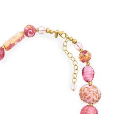 Ross-Simons - Italian Pink, Gold Murano Glass Bead Necklace Over Sterling. 18". From Italy, this eclectic necklace celebrates the fascinating beauty of handmade Murano glass. Featuring 4-22mm multi-shaped Murano glass beads in an artful array of pink and gold designs that are truly individual yet perfectly complementary to one another. Features 18kt yellow gold over sterling silver spacer beads and a lobster clasp with a 2" extender. Graduates from 1/4" to 7/8" wide. Murano glass is unique and w Murano Glass Necklace With Large Beads Gift, Murano Glass Necklace With Large Beads For Gifts, Murano Glass Necklace With Large Beads, Murano Glass Large Beads Necklace For Jewelry Making, Murano Glass Necklaces With Large Beads For Gifts, Colorful Glass Beaded Jewelry, Colorful Glass Beaded Necklaces, Murano Glass Single Strand Necklace As Gift, Adjustable Murano Glass Necklace With Round Beads