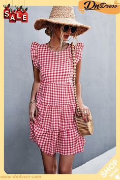 Gingham Ruffle Shoulder Tiered Dress Plaid Fashion, Gingham Dress, Crop Top Blouse, Girl Next Door, Cutout Dress, Plaid Dress, Style Chic, Dress Suits, Tiered Dress