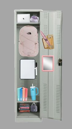 an open locker with various items on it