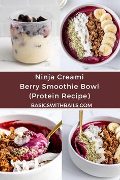 three different bowls filled with berry smoothie bowl and yogurt, granola, cereal