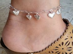 Ankle Silver Bracelet Sterling Silver Bracelet Heart Silver Handmade Silver Dangle Anklets, Elegant Silver Anklets For Valentine's Day, Dainty Sterling Silver Anklets, Elegant Adjustable Anklets With Heart Charm, Silver Anklets With Heart Charm For Valentine's Day, Sterling Silver Anklets With Silver Chain As Gift, Handmade Silver Anklets As A Gift, Sterling Silver Anklet With Silver Chain For Gift, Sterling Silver Chain Anklet For Gift