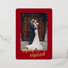 a red and gold merry and married card with a photo of a bride and groom