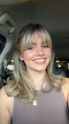 Low Effort Bangs, Kibbe Romantic Hair, Bangs For Straight Hair, Shay Sullivan, Wispy Bangs Hairstyles, Middle Part Bangs, Tiktok Hair, Feathered Bangs, Blonde Bangs