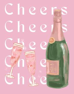 two champagne flutes and a bottle of wine on a pink background with the words cheers cheesy cheese