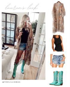 Country Concert Boots Outfit, Summer Fringe Outfit, Nashville Boots Outfit, Country Outfits Women Bandana, Country Kimono Outfit, Texas Chic Outfit Gala, Daytime Concert Outfit, Kimono Concert Outfit, Country Concert Looks Outfits