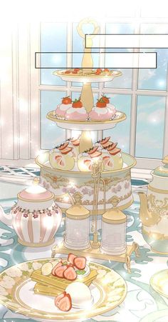 there is a cake and tea set on the table