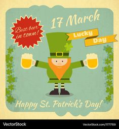 a st patrick's day poster with a lepreite holding two beer mugs