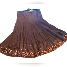 Chocolate Brown Gauze Skirt With Bronze Sequins Decorating Entire Hem. Never Worn Can Be Worn As A Skirt Or Is Perfect For Beach Wear. Festival Or Boho Look. Size Xl Pull On Waist With Tie. Festive Flared Skirt For Summer, Flowy Skirt For Festive Summer Events, Festive Tiered Skirt For Summer, Magic Skirt, Gauze Skirt, Gauze Skirts, Beach Color, Boho Look, Boho Beach